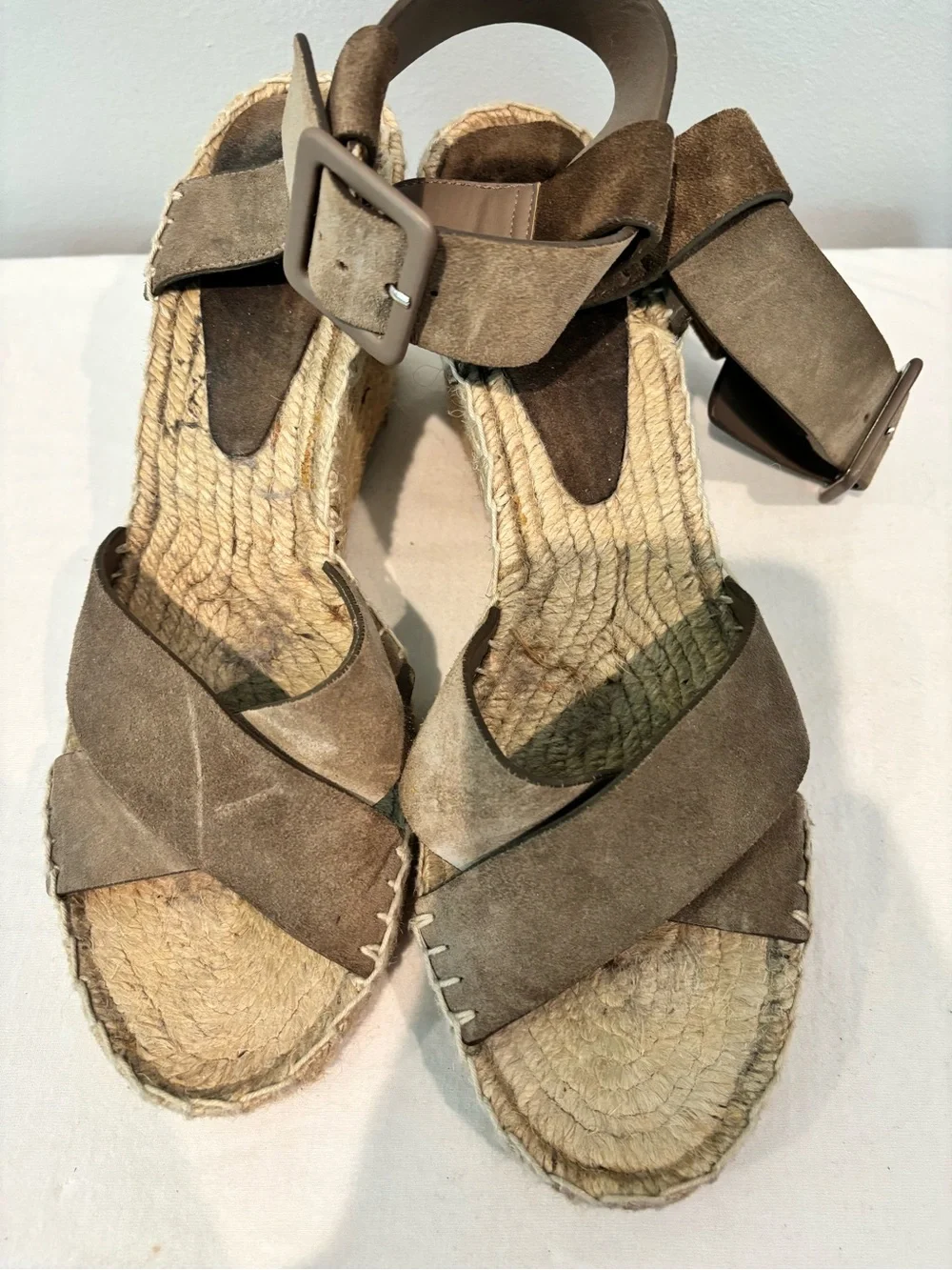 Vince Taupe Suede Espadrille Wedge Sandals